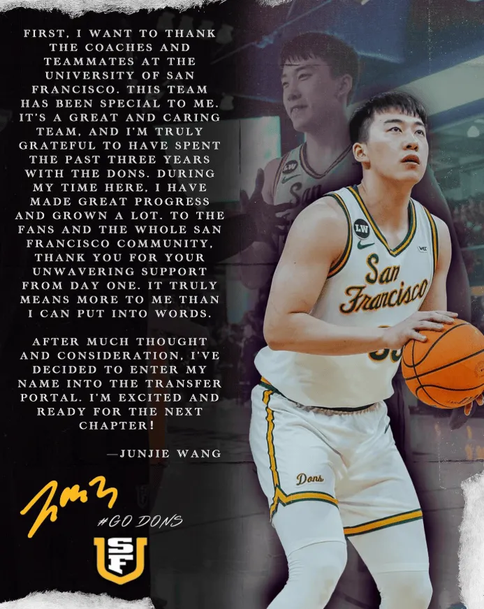 开云登录入口地址-王俊杰致谢旧金山大学：感谢旧金山大学的教练和队友们